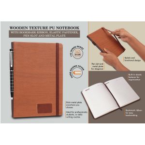 101-B157*Wooden texture PU notebook with bookmark ribbon elastic fastener pen slot and Metal Plate