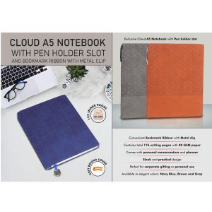 101-B165*Cloud A5 Notebook with Pen holder slot and Bookmark Ribbon with Metal clip