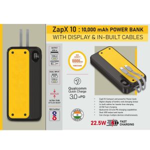 101-C192*ZapX 10: 10,000 MAh Power Bank With Display & In-Built Cables