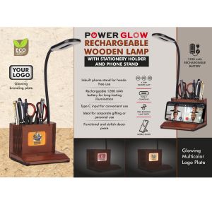 101-E361*PowerGlow Wooden 3 step Dimmer Lamp With Glowing Multicolor Logo plate & Phone stand