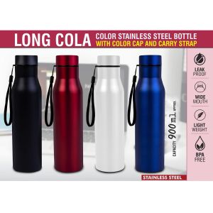 101-H241A*Long Cola Colored Stainless steel bottle With Colored Cap & Carry strap Capacity 900ml approx