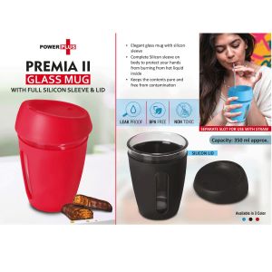 101-H256*Premia II Glass mug with Full Silicon Sleeve & lid Capacity 350 ml