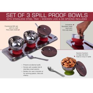 101-H258*Set of 3 Spill Proof Bowls with Stainless Steel Tray Wooden Lids & SS Spoons included