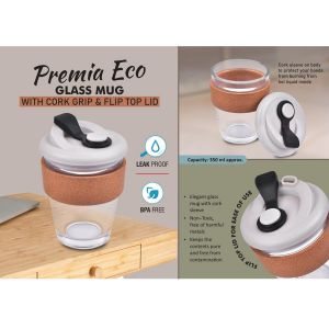 101-H339*Premia Eco-Glass mug with Cork grip & Flip Top lid - Capacity- 350 ml