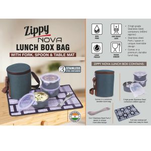 101-h341*Zippy Nova- Lunch box bag with 3 Stainless steel containers, Fork, Spoon, Tablemat