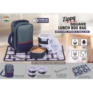 101-H342*Zippy Square- Lunch box bag with 3 Square Stainless steel containers with striped design, Fork, Spoon, Tablemat
