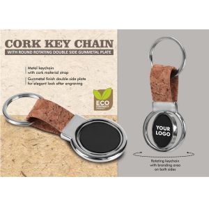 101-J141*Cork Key Chain With Round Rotating Double Side Gunmetal Plate