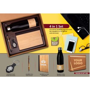 101-Q111*4 in 1 Bamboo set Keychain Bamboo vacuum flask Bamboo pen and A5 bamboo cover notebook in Kraft Gift Box