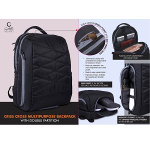 101-S38*Criss Cross Multipurpose Backpack with Double Partition Hidden phone and Goggle pockets Separate Shoe Pocket